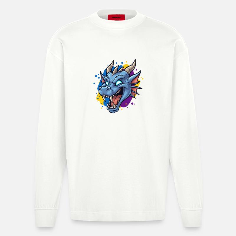 Blauer Drachenkopf Neon-Splash - Heavyweight Oversized Organic Langarmshirt Made in EU - OFF WHITE