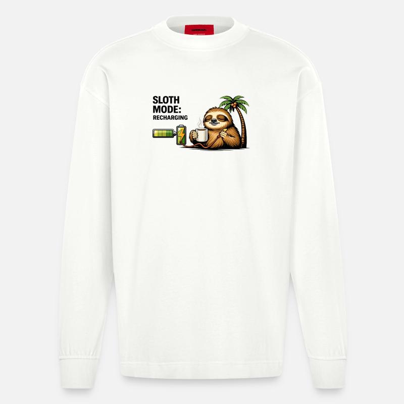 Sloth Mode Recharging Coffee - Heavyweight Oversized Organic Longsleeve Shirt Made in EU - OFF WHITE