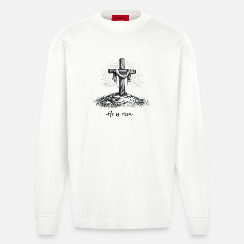 Crucifix He is Risen Easter Jesus - Heavyweight Oversized Organic Longsleeve Shirt Made in EU - OFF WHITE