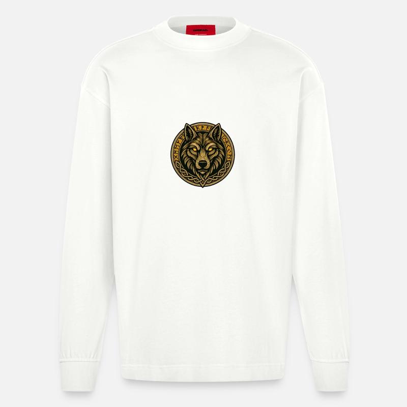 Wolfsmedaillon mit Runenring - Heavyweight Oversized Organic Langarmshirt Made in EU - OFF WHITE