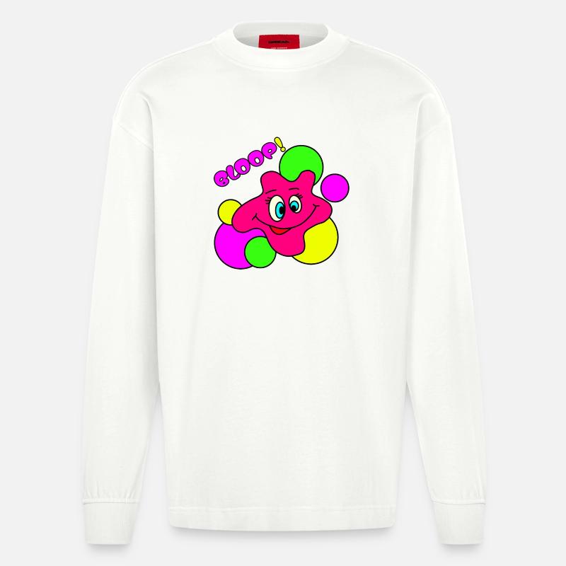 BLOOP! Lustiger Neon Pop-Art Klecks-Charakter - Heavyweight Oversized Organic Langarmshirt Made in EU - OFF WHITE