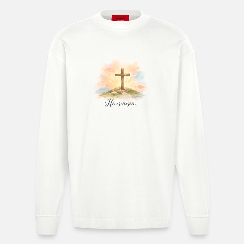 Resurrection He is Risen Easter Jesus - Heavyweight Oversized Organic Longsleeve Shirt Made in EU - OFF WHITE