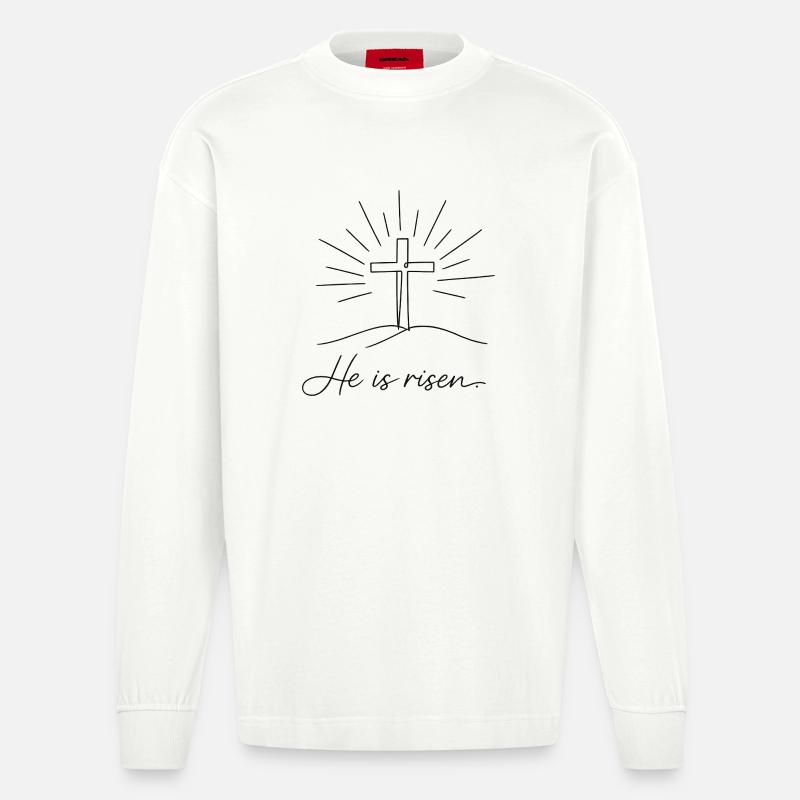 Crucifix He is Risen Easter Jesus - Heavyweight Oversized Organic Longsleeve Shirt Made in EU - OFF WHITE