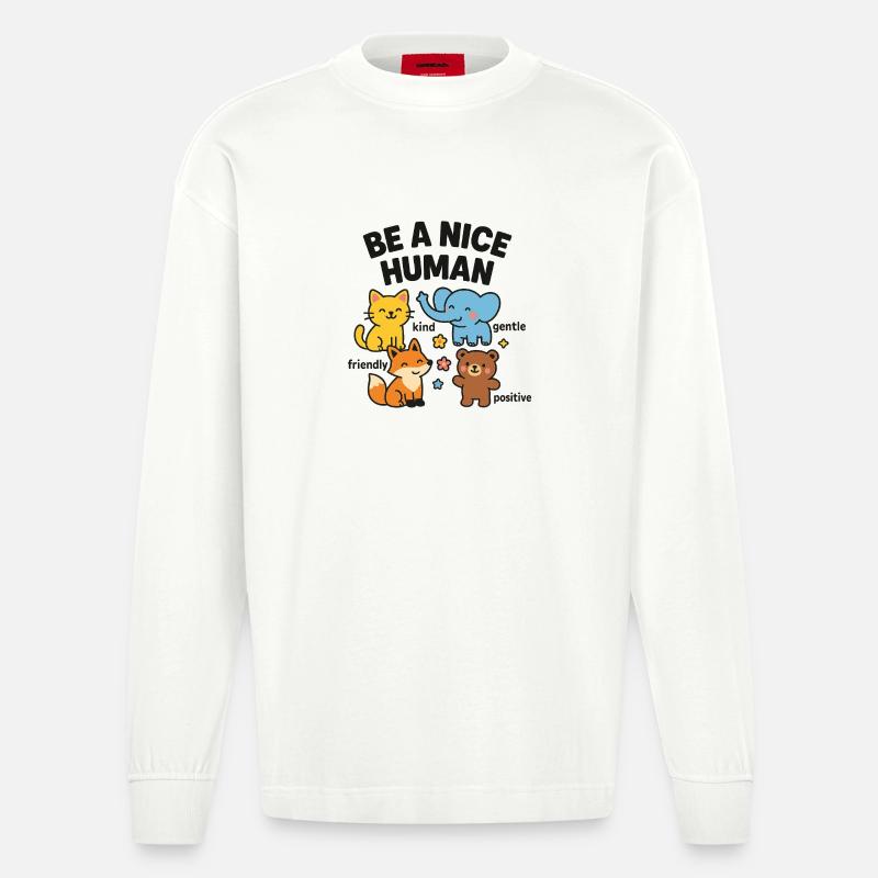 Sei ein netter Mensch – freundliche Tiere - Heavyweight Oversized Organic Langarmshirt Made in EU - OFF WHITE