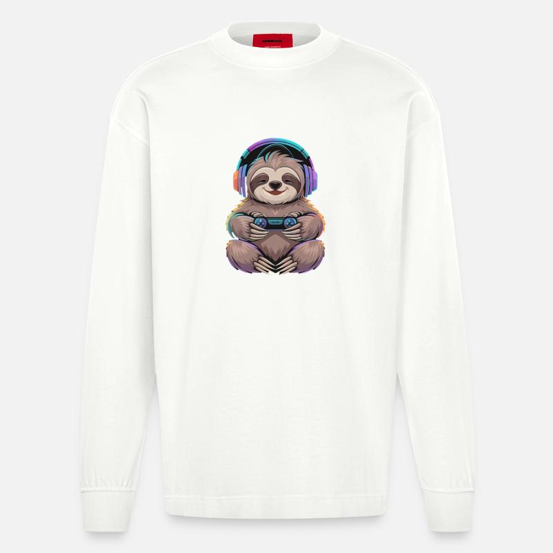  Faultier Gamer Mit Controller Und Bunter - Heavyweight Oversized Organic Langarmshirt Made in EU - OFF WHITE