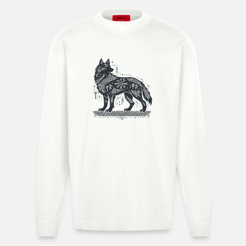 Nordischer Wolf mit Knotenmuster - Heavyweight Oversized Organic Langarmshirt Made in EU - OFF WHITE