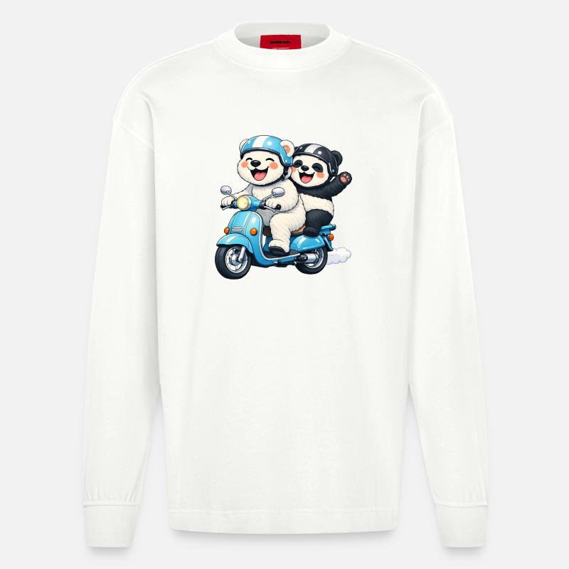 Orso Polare e Panda su uno scooter - Maglia a maniche lunghe ecologica oversize Heavyweight Made in UE - OFF WHITE
