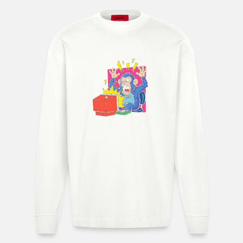 Affen-Alarm am Computer - Heavyweight Oversized Organic Langarmshirt Made in EU - OFF WHITE