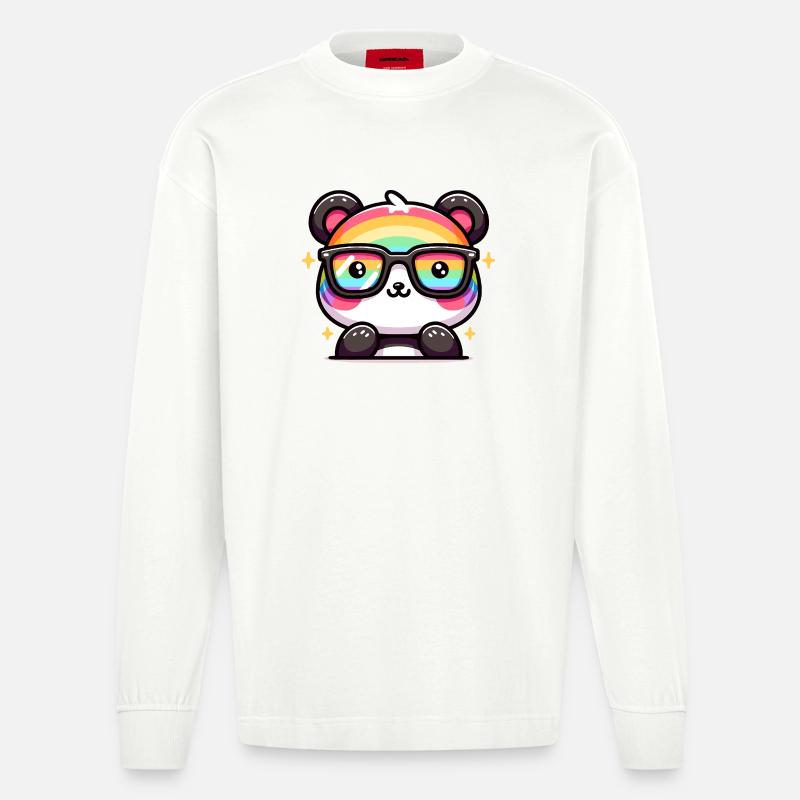 Regenbogen Panda mit Sonnenbrille - Heavyweight Oversized Organic Langarmshirt Made in EU - OFF WHITE