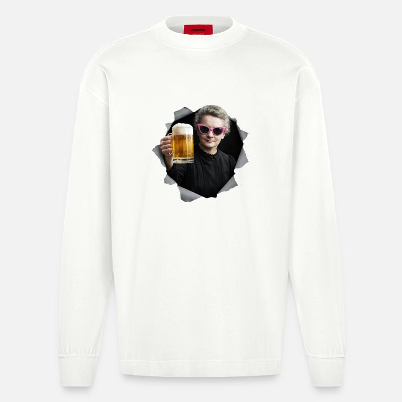 Marie Curie hält ein Bier - Heavyweight Oversized Organic Langarmshirt Made in EU - OFF WHITE