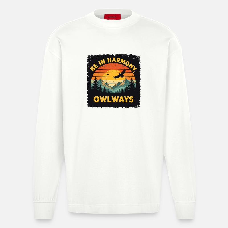 Owl Harmony at Sunset - Heavyweight Oversized Organic Longsleeve Shirt Made in EU - OFF WHITE