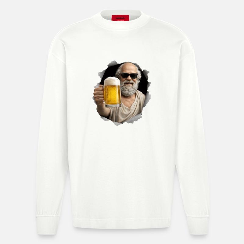 Socrates mit Bier und Sonnenbrille - Heavyweight Oversized Organic Langarmshirt Made in EU - OFF WHITE