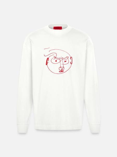 Abstract Red Artist Face Gift - Heavyweight Oversized Organic Longsleeve Shirt Made in EU - OFF WHITE