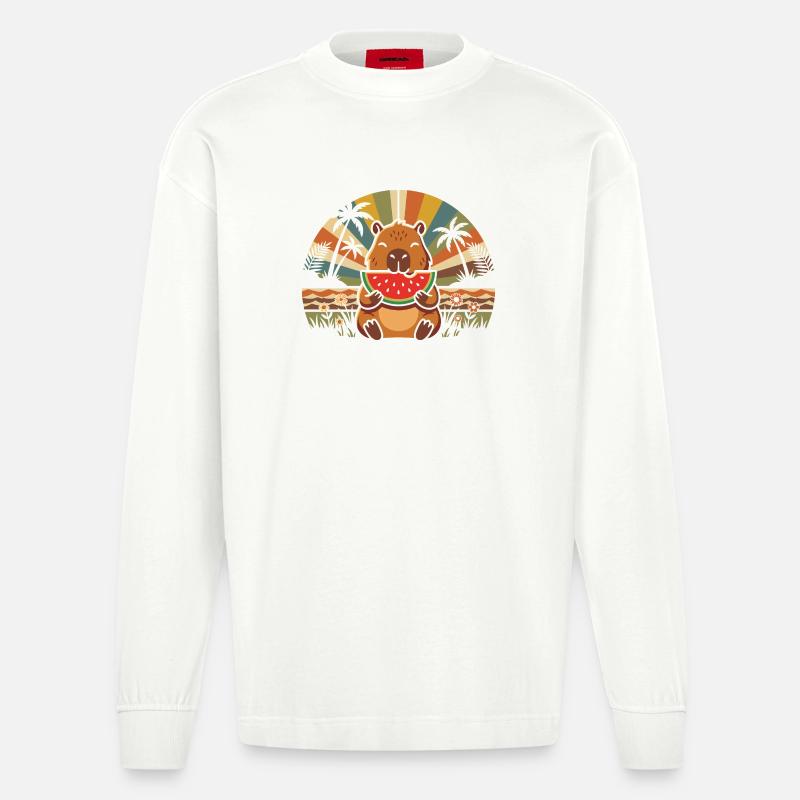 Ours en peaux sur la plage avec pastèque - Manches longues bio épais oversize fabriqué en UE - OFF WHITE