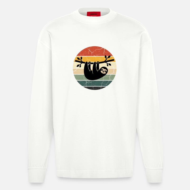 Sloth Gift Retro Design Sunset - Heavyweight Oversized Organic Langarmshirt Made in EU - OFF WHITE