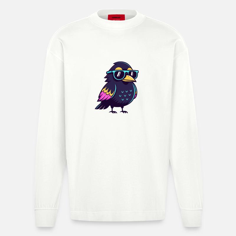 Solarblauer Hipster-Vogel - Heavyweight Oversized Organic Langarmshirt Made in EU - OFF WHITE