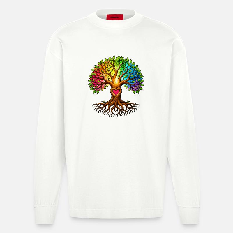 Baumherz Lebensbaum Regenbogen - Heavyweight Oversized Organic Langarmshirt Made in EU - OFF WHITE