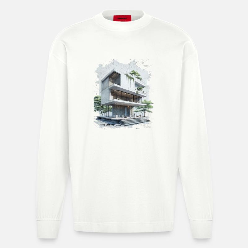 Fancy Geometry Modern House - Manches longues bio épais oversize fabriqué en UE - OFF WHITE