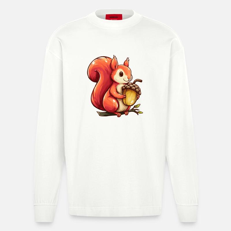 Kuscheliges Eichhörnchen mit Eichel - Heavyweight Oversized Organic Langarmshirt Made in EU - OFF WHITE