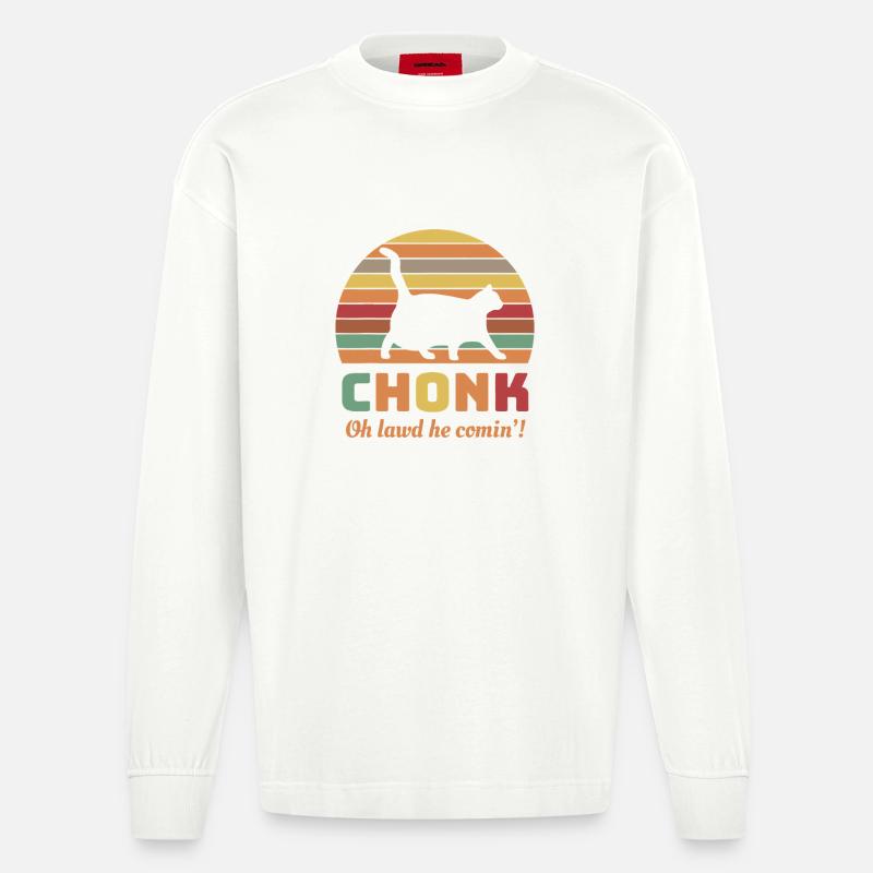 Chonk Cat Retro Sonnenuntergangs-Tee - Heavyweight Oversized Organic Langarmshirt Made in EU - OFF WHITE