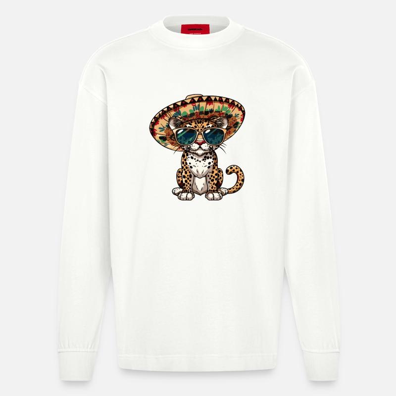 Leopard Comic Lustig Sombrero - Heavyweight Oversized Organic Langarmshirt Made in EU - OFF WHITE