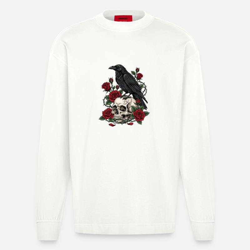 Mitternachtskrähe auf Totenkopfrosen - Heavyweight Oversized Organic Langarmshirt Made in EU - OFF WHITE
