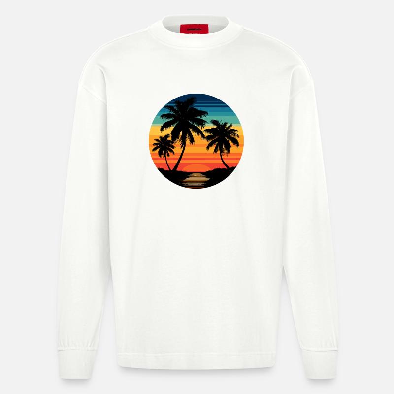 Coucher de soleil tropical avec palmiers - Manches longues bio épais oversize fabriqué en UE - OFF WHITE