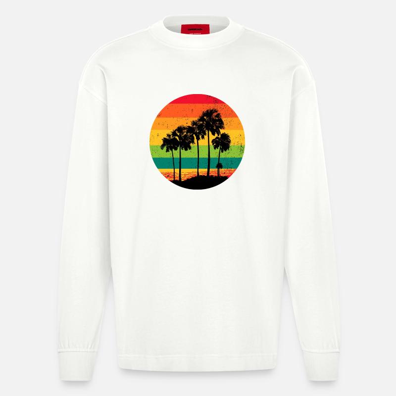 Palm Trees Beach Sunset Rétro - Manches longues bio épais oversize fabriqué en UE - OFF WHITE