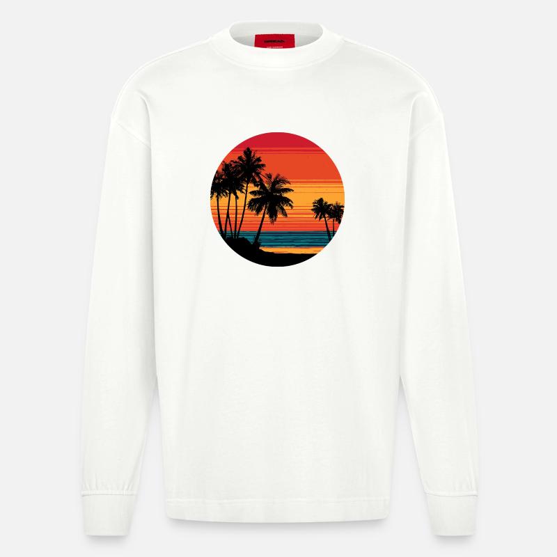 Palm Trees Beach Sunset Rétro - Manches longues bio épais oversize fabriqué en UE - OFF WHITE