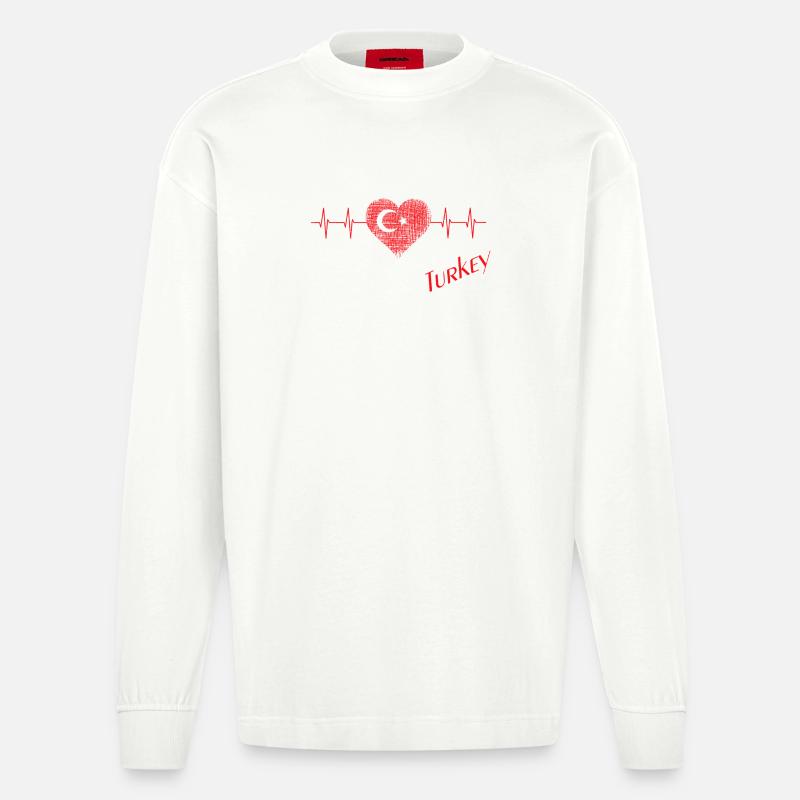 Cœur turc avec drapeau et ECG - Manches longues bio épais oversize fabriqué en UE - OFF WHITE
