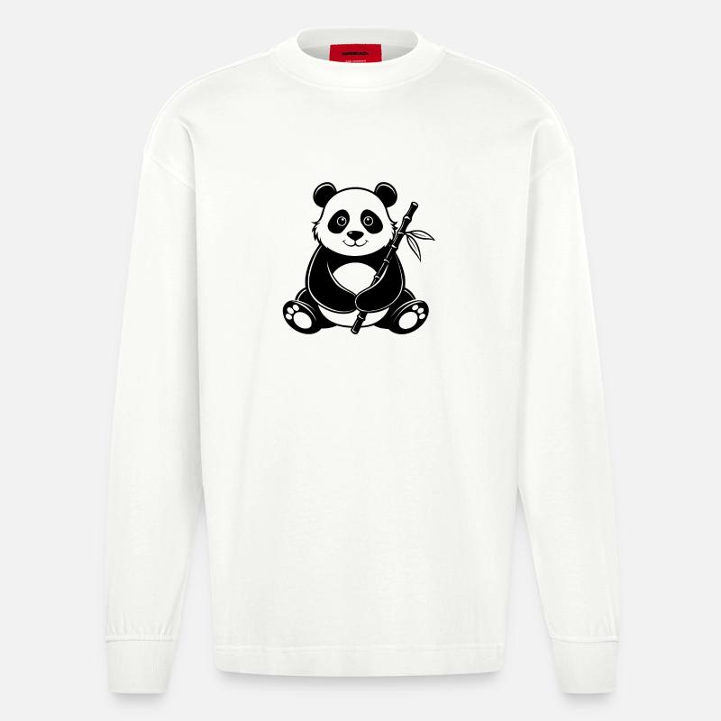 Panda mit Bambus - Heavyweight Oversized Organic Langarmshirt Made in EU - OFF WHITE