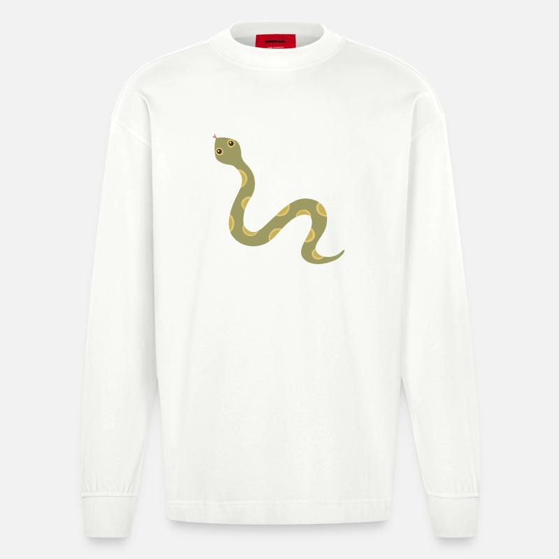 Olive Patterned Snake Illustration - Heavyweight Oversized Organic Longsleeve Shirt Made in EU - OFF WHITE