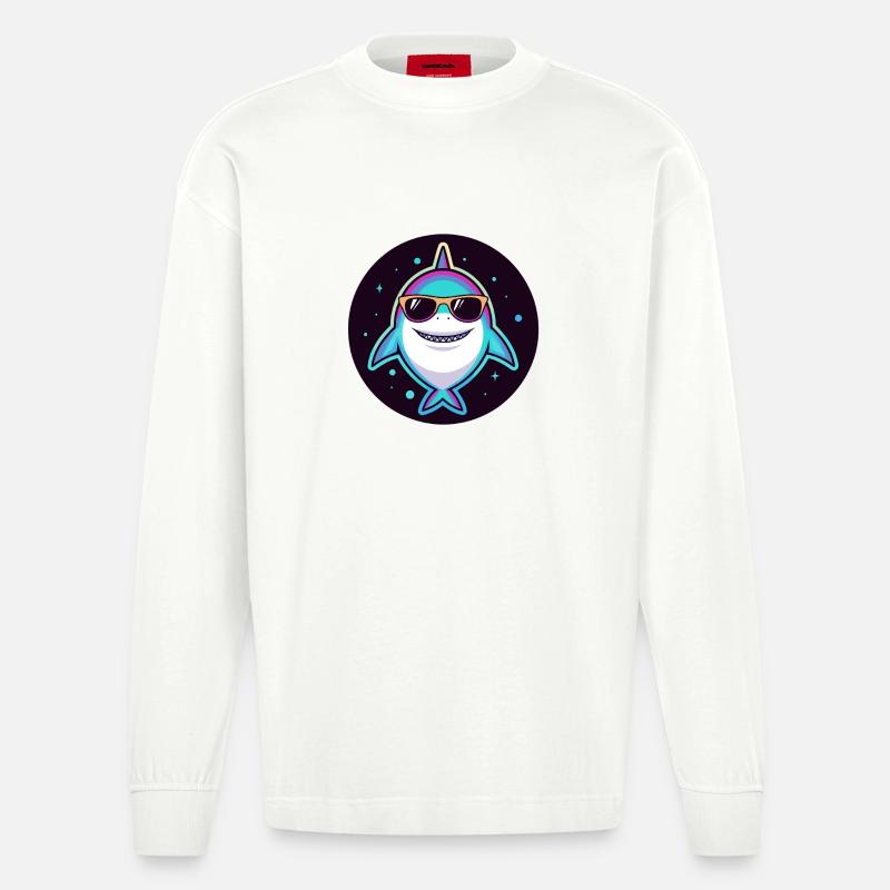 Neon-Regenbogenhai mit Sonnenbrille - Heavyweight Oversized Organic Langarmshirt Made in EU - OFF WHITE