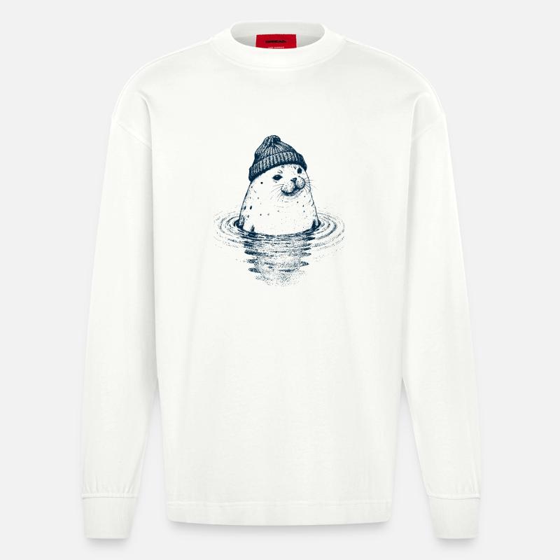 Robbe mit Mütze - Heavyweight Oversized Organic Langarmshirt Made in EU - OFF WHITE