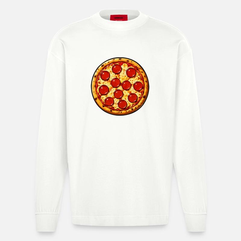 Pepperoni Pizza Illustration Comicstil - Heavyweight Oversized Organic Langarmshirt Made in EU - OFF WHITE