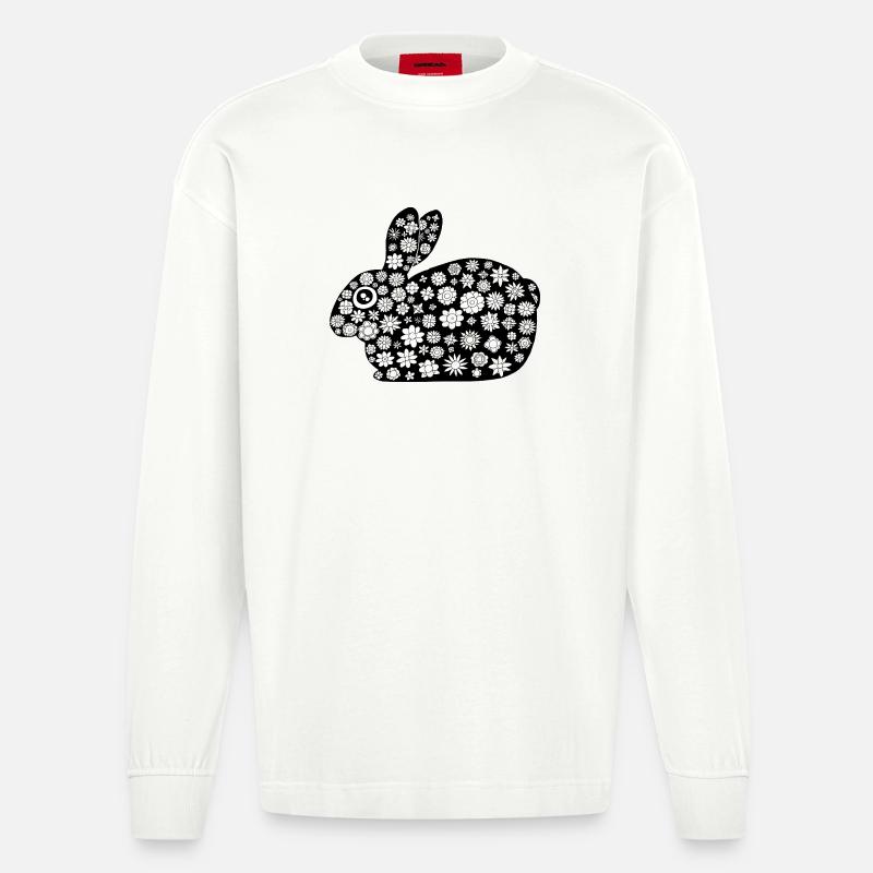 Black rabbit floral pattern - Heavyweight Oversized Organic Longsleeve Shirt Made in EU - OFF WHITE