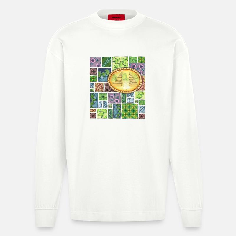 Bali temple on pattern patchwork - Heavyweight Oversized Organic Langarmshirt Made in EU - OFF WHITE