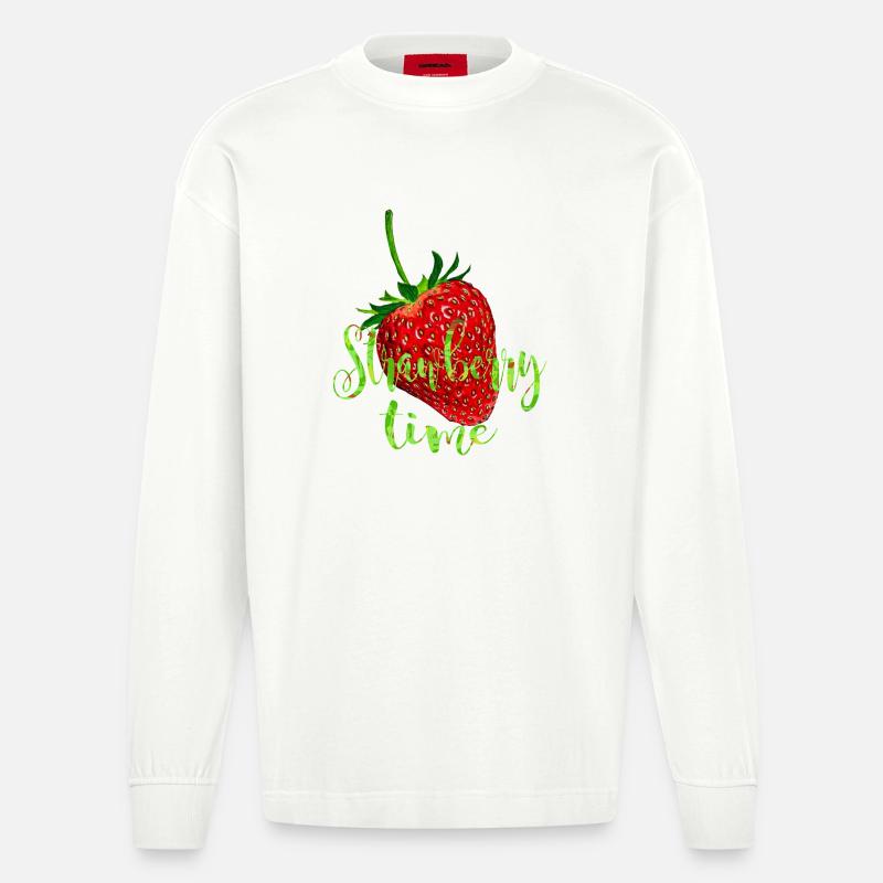 Erdbeere mit Spruch - Heavyweight Oversized Organic Langarmshirt Made in EU - OFF WHITE