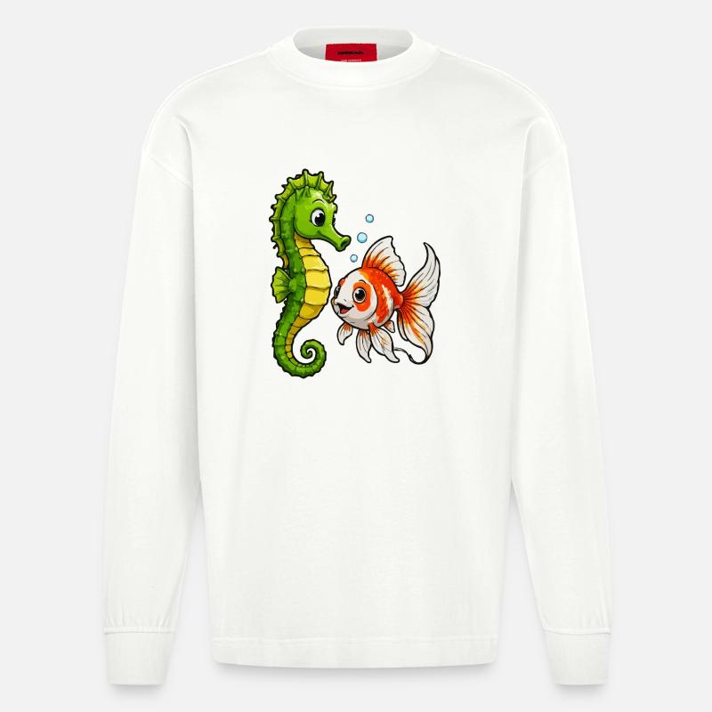 Poisson rouge hippocampe des Amis sous-marins - Manches longues bio épais oversize fabriqué en UE - OFF WHITE