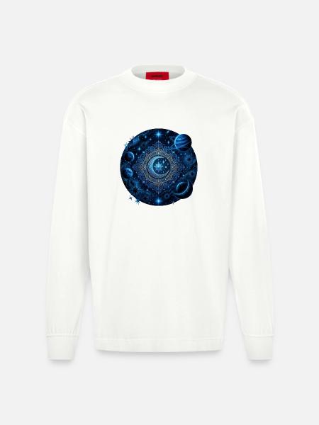 Space Planets Galaxies Stars Moons - Heavyweight Oversized Organic Longsleeve Shirt Made in EU - OFF WHITE