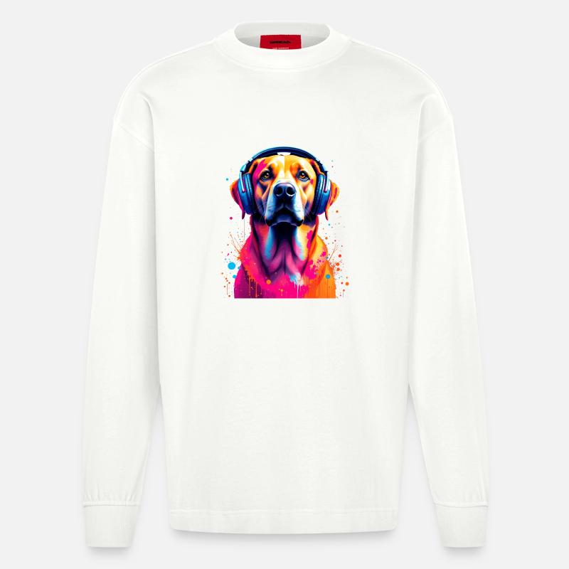 Labbi Labrador mit Kopfhörer - Heavyweight Oversized Organic Langarmshirt Made in EU - OFF WHITE