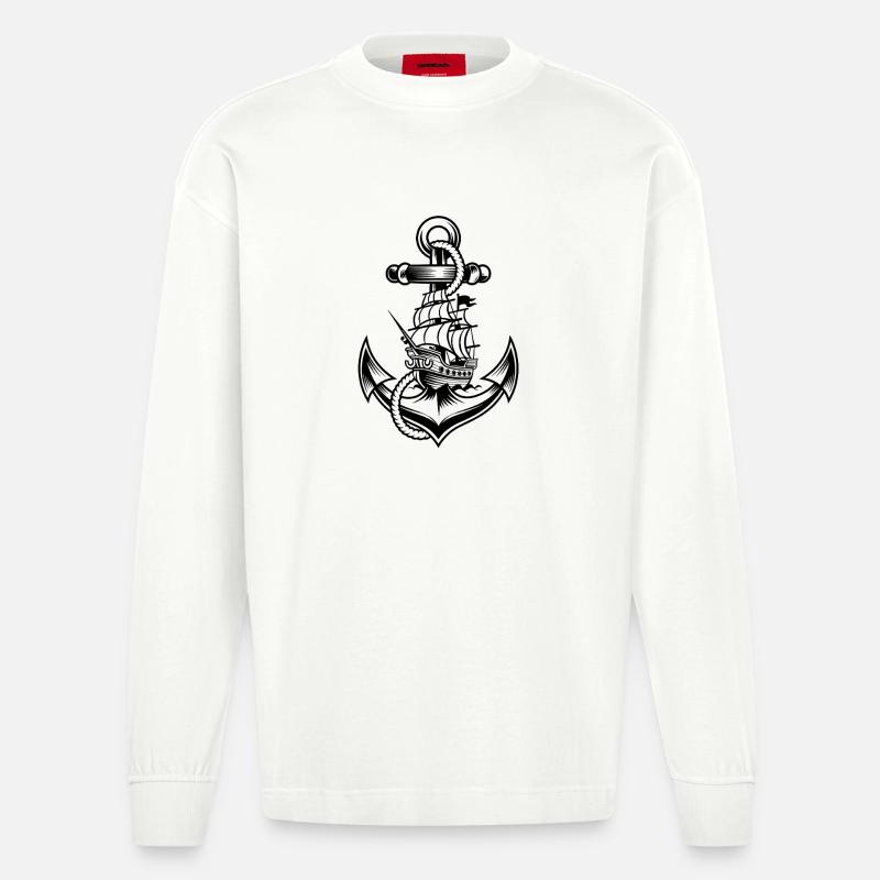 Maritimes Anker Motiv Mit Historischem - Heavyweight Oversized Organic Langarmshirt Made in EU - OFF WHITE