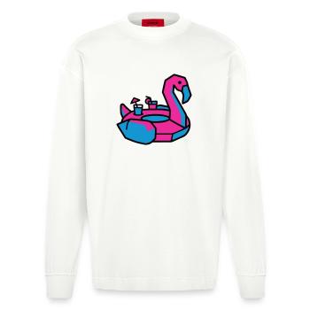 Fête de la piscine des animaux natants Flamants - Manches longues bio épais oversize fabriqué en UE - OFF WHITE - Devant