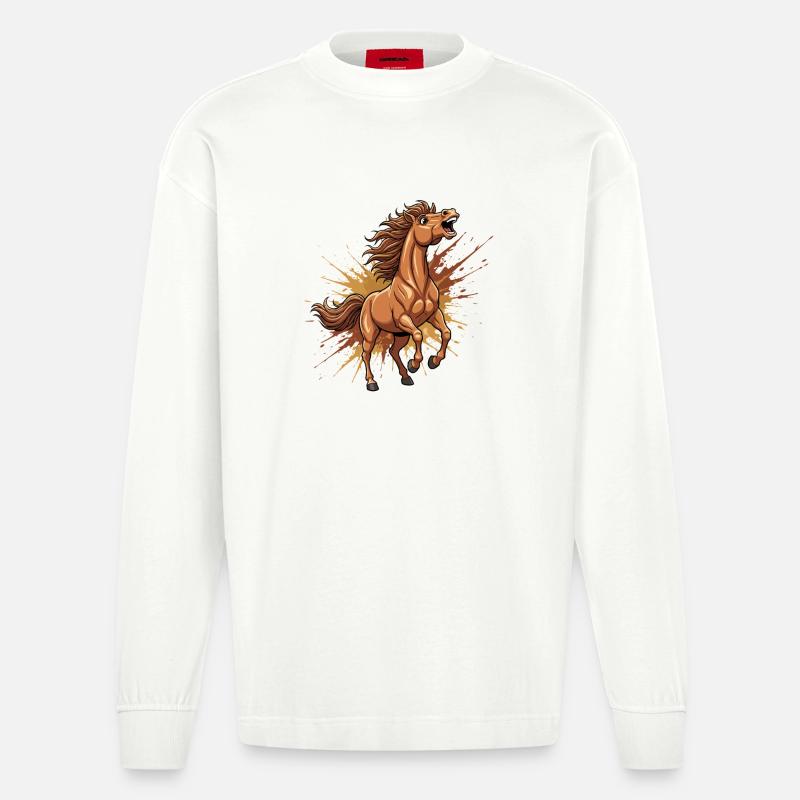 Wildes Pferd im Farbschwall - Heavyweight Oversized Organic Langarmshirt Made in EU - OFF WHITE