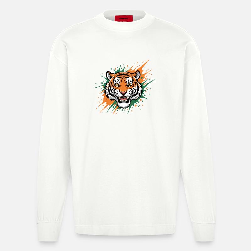 Tigerkopf Spritzerkunst - Heavyweight Oversized Organic Langarmshirt Made in EU - OFF WHITE