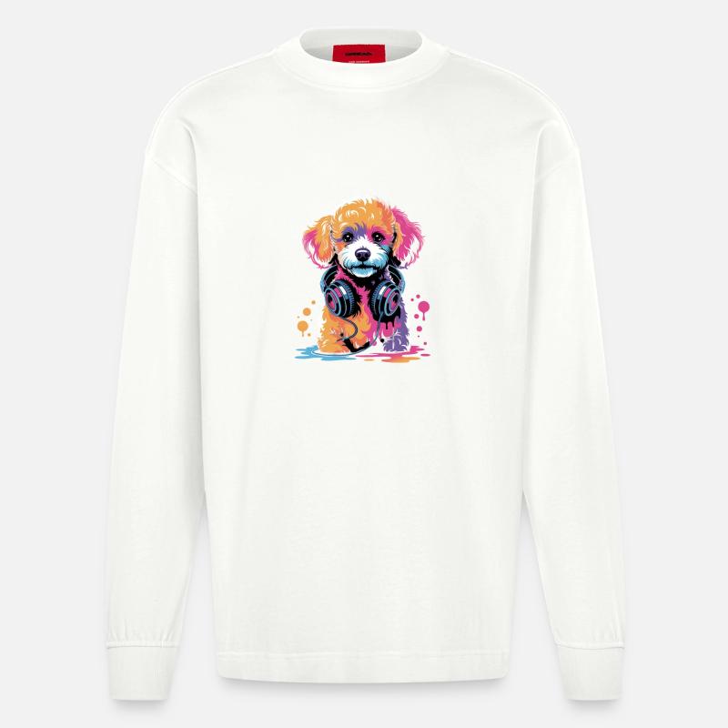Chiot caniche avec un casque - Manches longues bio épais oversize fabriqué en UE - OFF WHITE