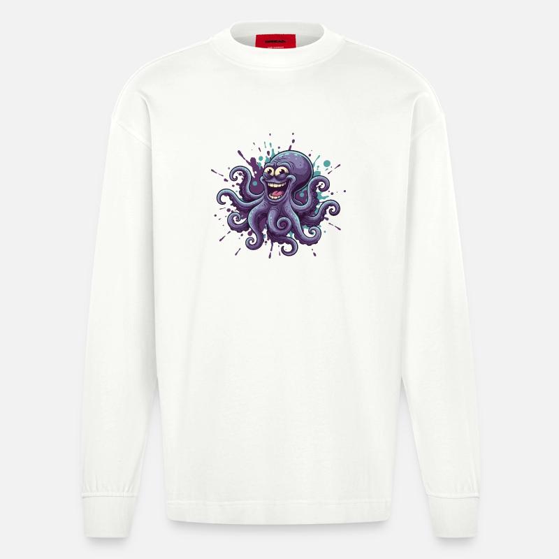 Fröhlicher Tinten-Oktopus Graffiti - Heavyweight Oversized Organic Langarmshirt Made in EU - OFF WHITE