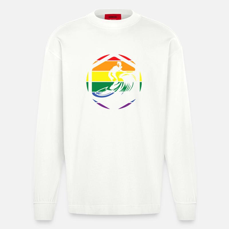 Rainbow Wave Surfer Circle - Heavyweight Oversized Organic Longsleeve Shirt Made in EU - OFF WHITE
