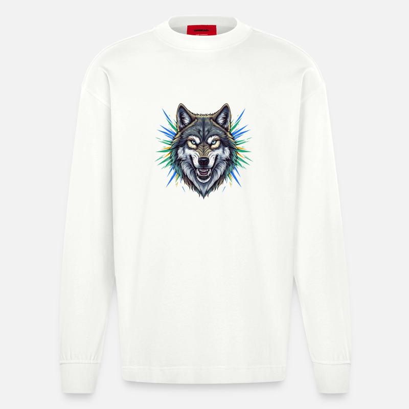Wolfskopf mit bunten Strahlen - Heavyweight Oversized Organic Langarmshirt Made in EU - OFF WHITE