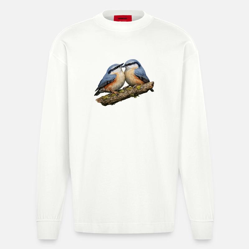 Deux sittelles sur la branche - Manches longues bio épais oversize fabriqué en UE - OFF WHITE